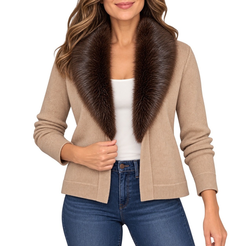 Talbots Merino Wool Open S Cardigan Sweater Removable Faux Fur Collar Tan Brown